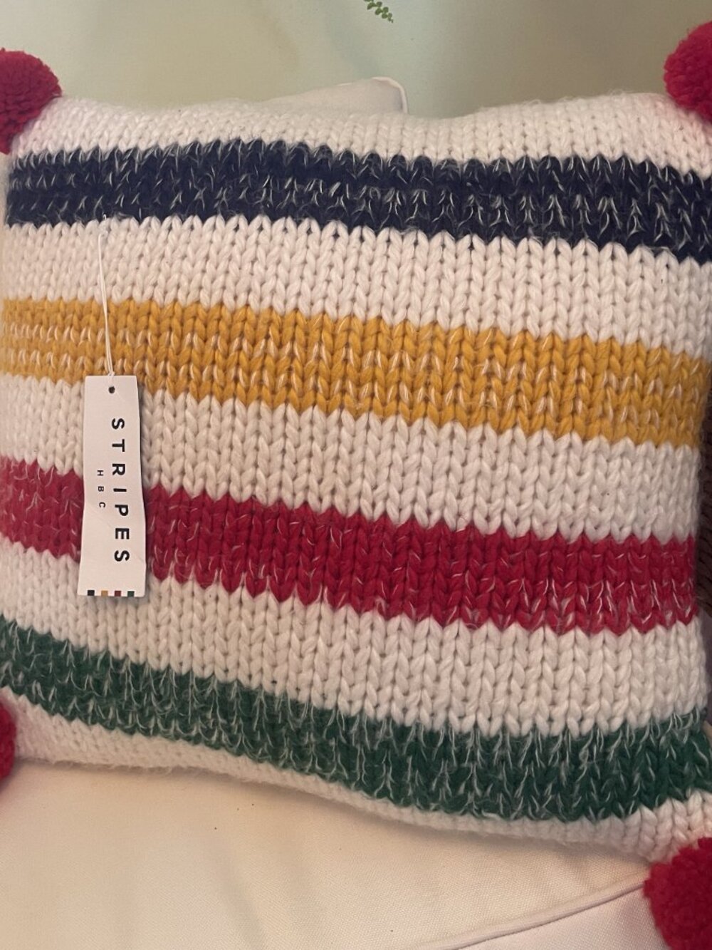 NWT HBC Stripes Chunky Knit Throw Pillow with Pom Poms | Hudson's Bay - Picture 1 of 6